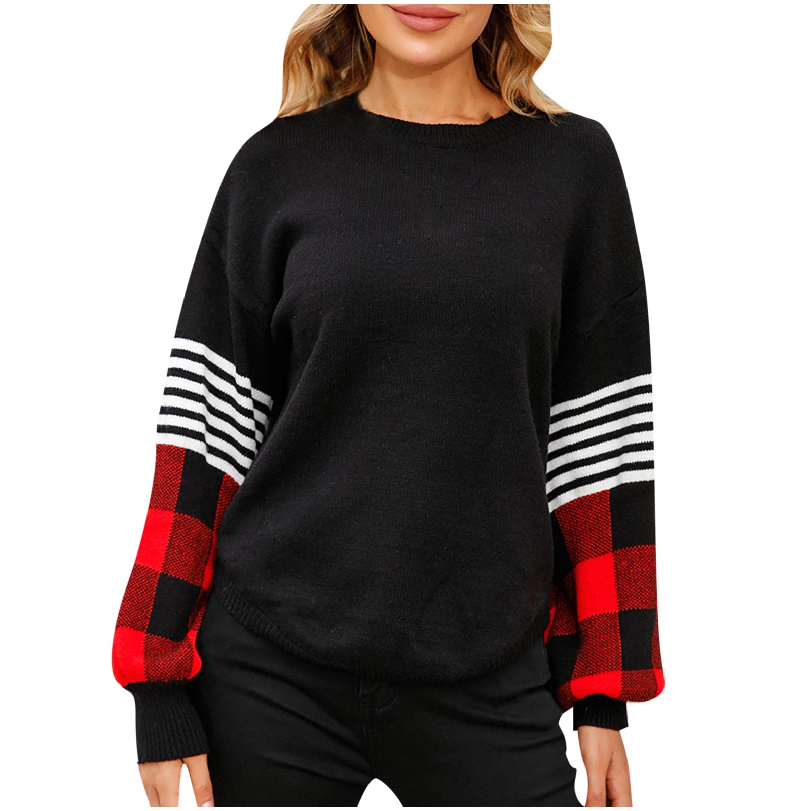 Fall Womens Oversized Sweaters 2022 Class Plaid Patchwork Crewneck Sweater Long Sleeve Pullover