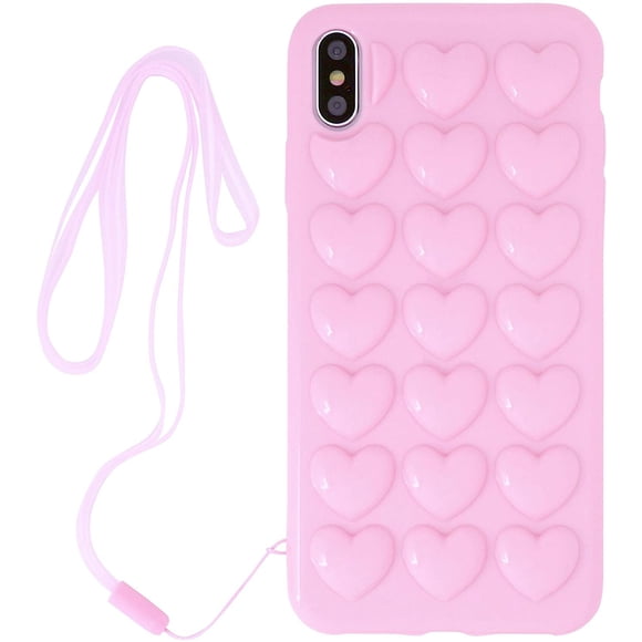 iPhone X/Xs Case for Women, DMaos 3D Bubble Heart Cover with Lanyard Strap Necklace, Cute Girly for iPhone 10 10s 5.8
