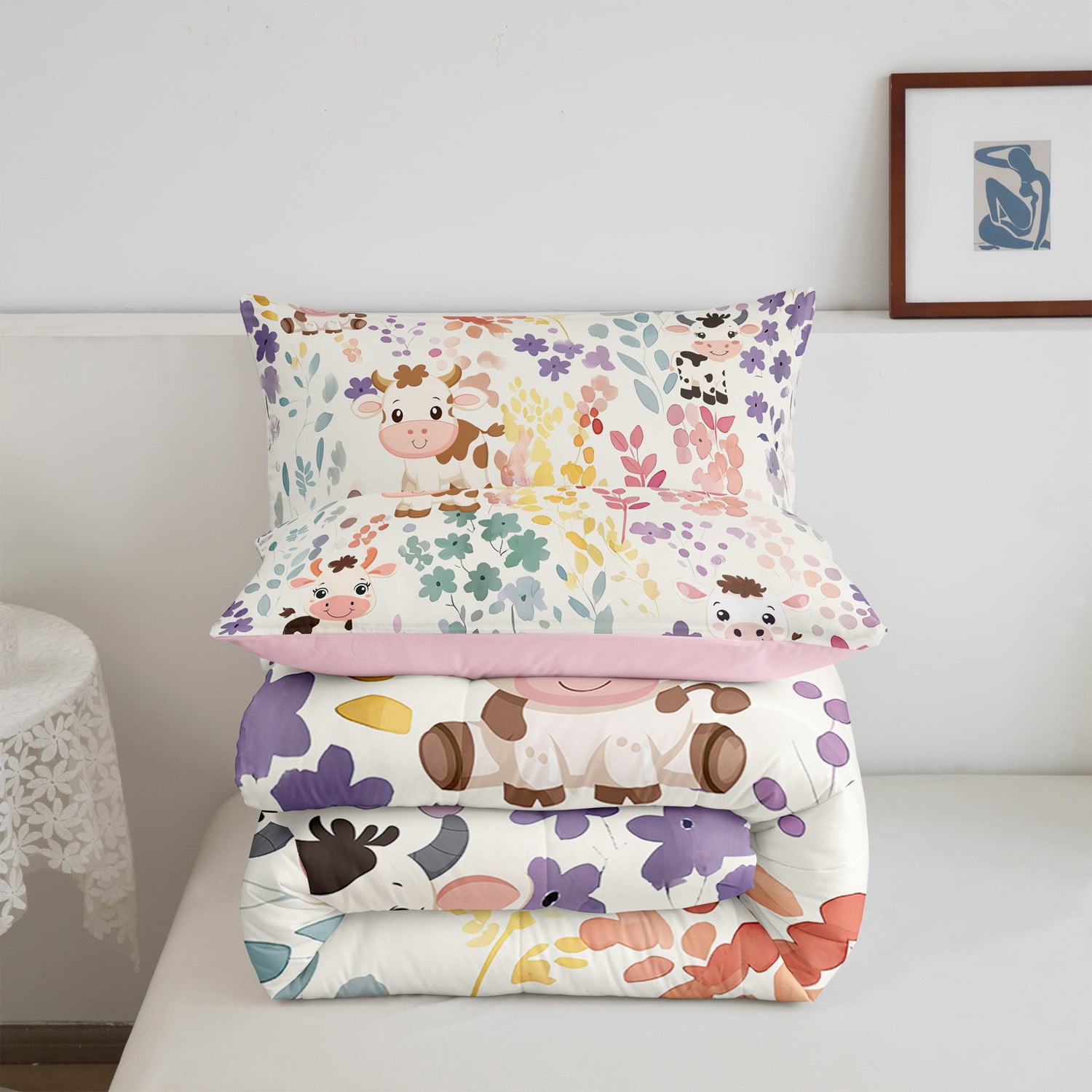 Kawaii Milk Cow Bedding Set Twin Size,Farmhouse Cow Cattle Flower Comforter Set,Cute Colorful Floral Quilt Bed Set Farm Animal Down Comforter with 1 Pillowcase