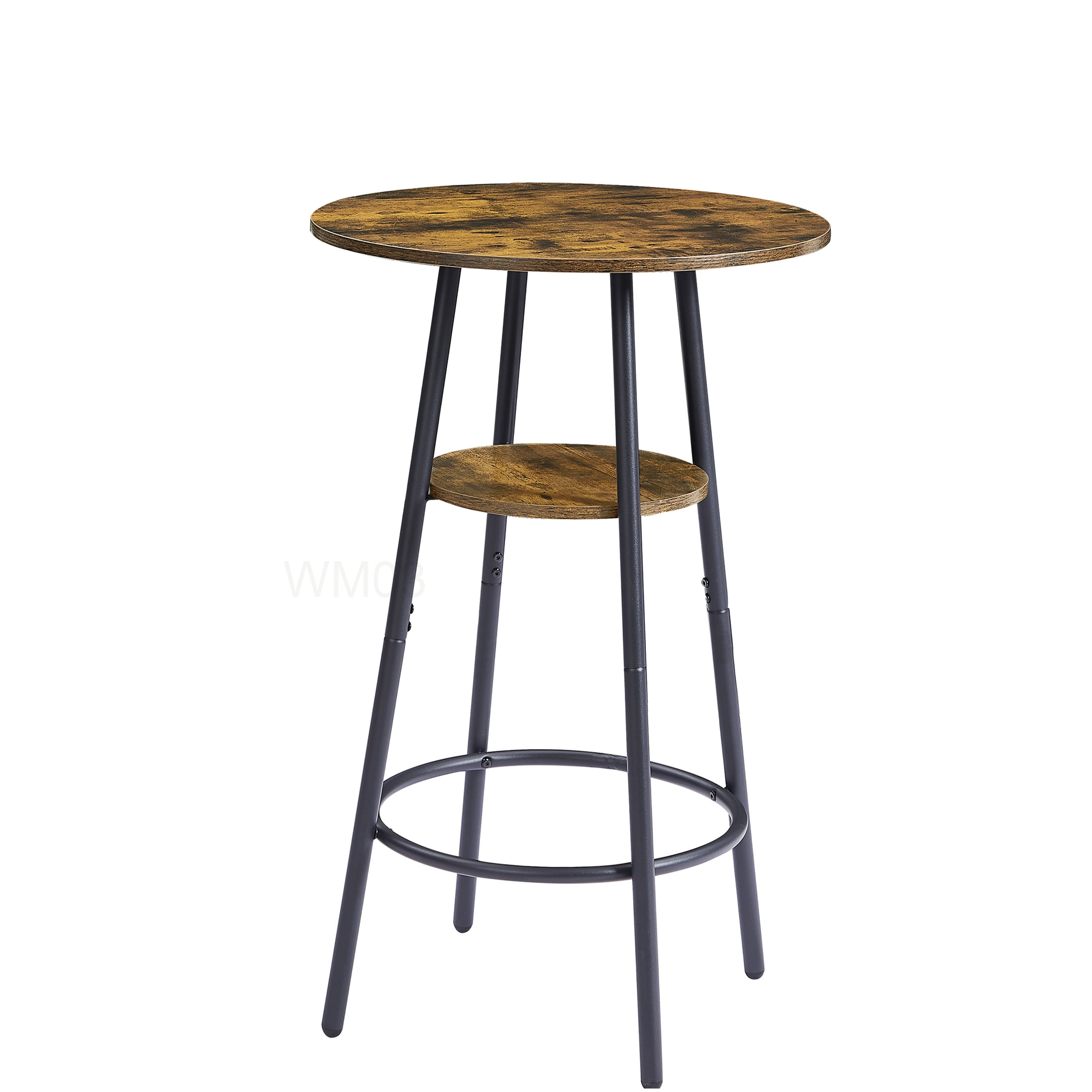 Industrial Style Bar Table Set with 2 Padded Stools, Rustic Brown Finish with Shelf