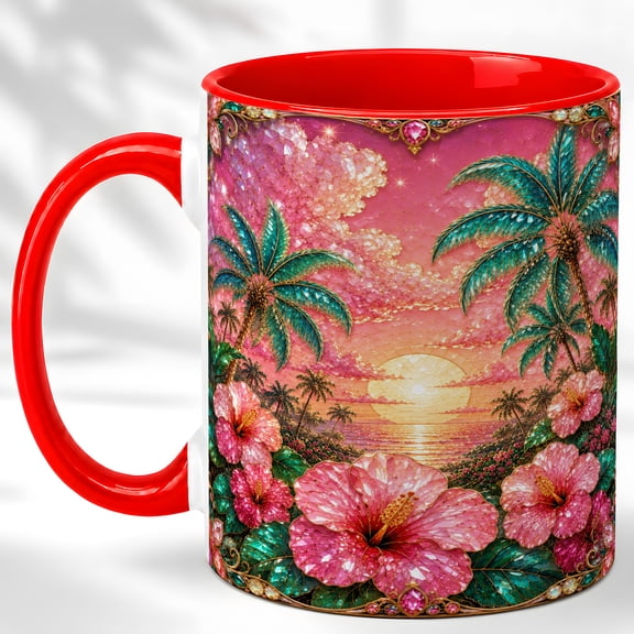 Hibiscus Sunset Coffee Mug, Tropical Beach Mug, Ceramic 11 oz