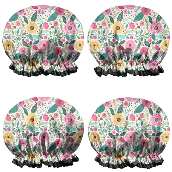 Shower Caps,Pioneer Flower Floral Print Pattern Waterproof Shower Cap for Women 4 Pieces,Double Reusable Hair Cover for Shower PEVA Elastic Stretch Hem