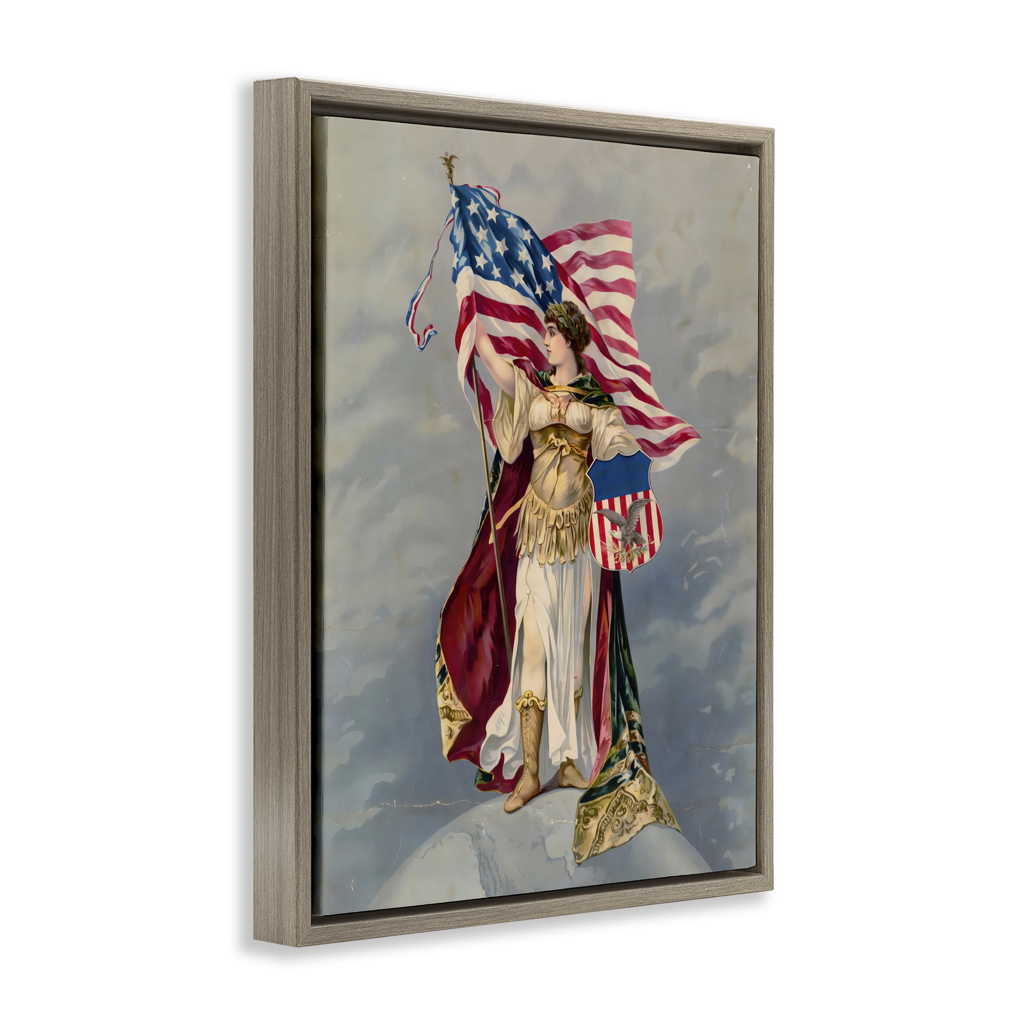 Stupell Industries Columbia Standing with American Flag Brown Framed Floater Canvas Wall Art, design by Arlington Prints