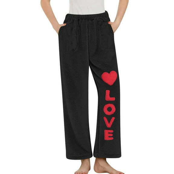 SwiftWear Love Print Flannel Fleece Pajama Pants for Women - Cozy Plus Size Lounge Pants Sleepwear with Pockets, Soft Comfort Pj Bottoms Black