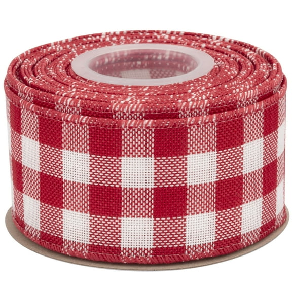 Joycrosso Wired-Edge Checkered Burlap Ribbon, 2 Inch x 10 Yard, Red/White, Buffalo Plaid Ribbon for Gift wrapping, Christmas Decorations, Wreaths, Big Bows, Rustic Farmhouse Holiday Decoration