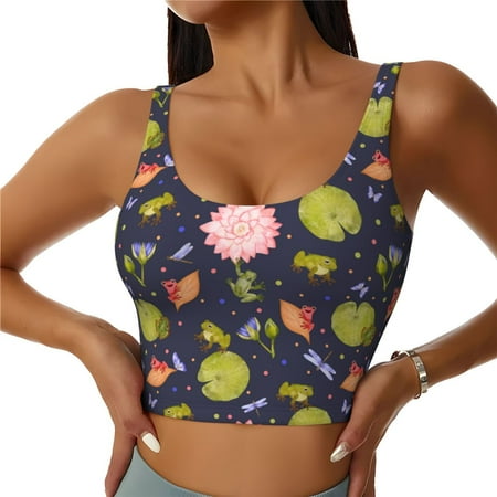 Adobk Frog And Flowers Print Sports Bras for Women Longline Workout Crop Tank Tops Padded with Built in Shelf Padded Sports Bra-XX-Large