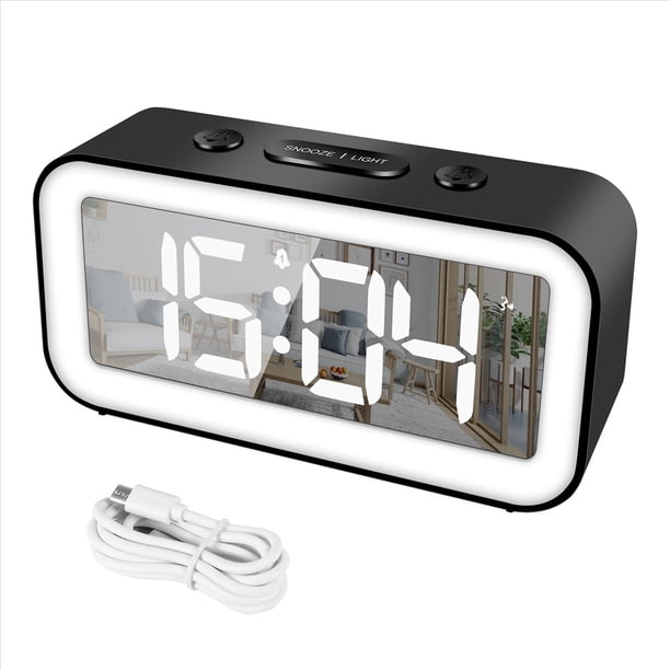 Reloj Despertador Digital, Reloj LED ElectróNico con Espejo de Brillo Ajustable, Relojes Despertadores de 12/24 Horas para Dormitorios (Negro)