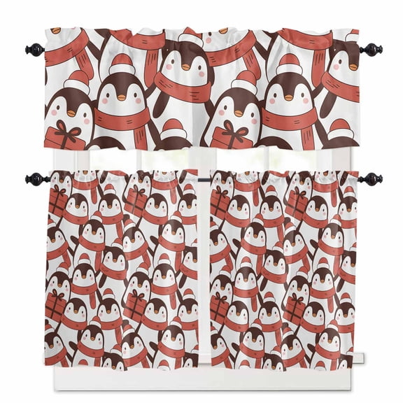 Cute Red Penguins Kitchen Curtains and Valances Set, Christmas Cartoon Animals with Hat Scarf Rod Pocket Window Valance Window Curtain Panels for Living Room Bedroom Laundry, 27.5x24in, 3 Pieces