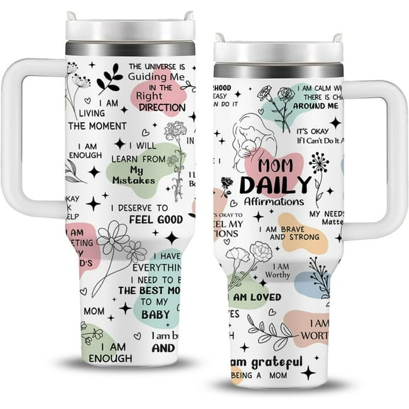 Mom Daily Affirmations Tumbler, Mom Christmas Gifts for Mom Insulated Stainless Steel Travel Mug, Mom Tumbler Cup, Mothers Day Birthday Gifts Ideas, 40 oz Mom Coffee Mugs with Handle