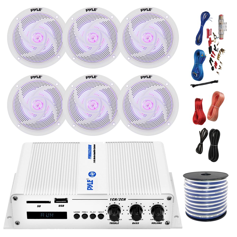 Pyle Marine PFMRA650BW 6-Channel Bluetooth White Amplifier, 6x Pyle 5.