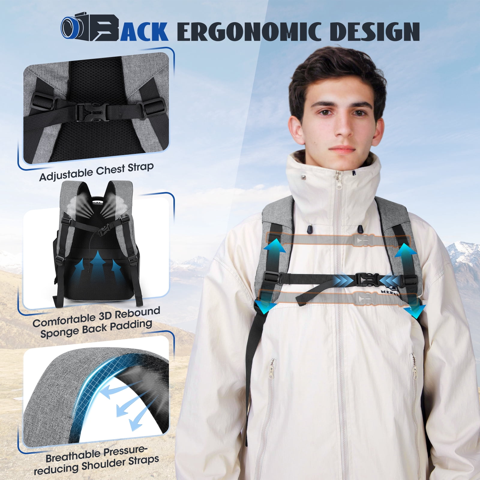 RAINSMORE Camera Backpack Camera Bag for Photographers DSLR SLR Mirrorless Camera Cases with Waterproof Rain Cover & Laptop Compartment Fits 14 Inch Laptop,Anti Theft Travel photography backpack,Gray