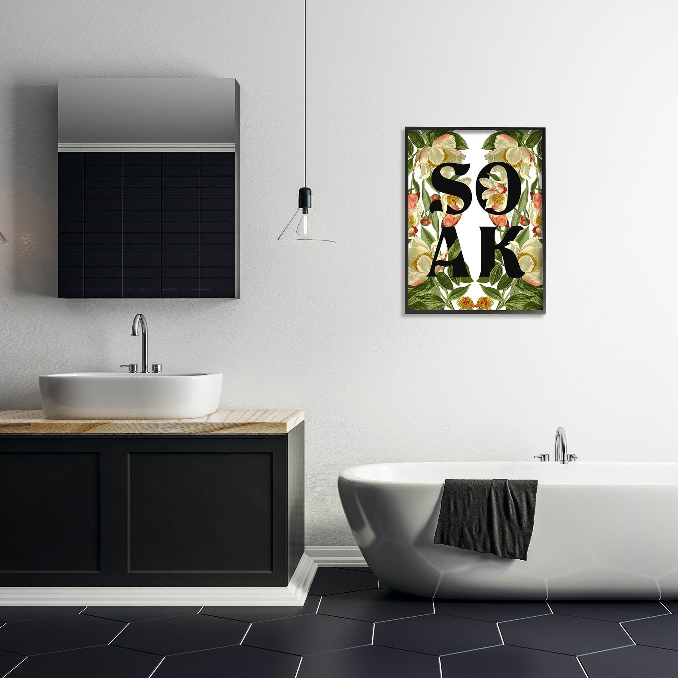 Soak Bathroom Floral Sign Botanical & Floral Graphic Art Black Framed Art Print Wall Art