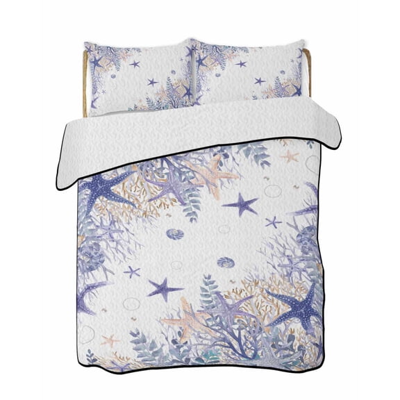 Quilts Twin-XL Size Bedding Set, Purple Coastal Lightweight Quilted Comforter, Summer Beach Nautical Coral Starfish Soft Reversible Bedspread Coverlet with Pillow Covers for All Season, 68" x 98"