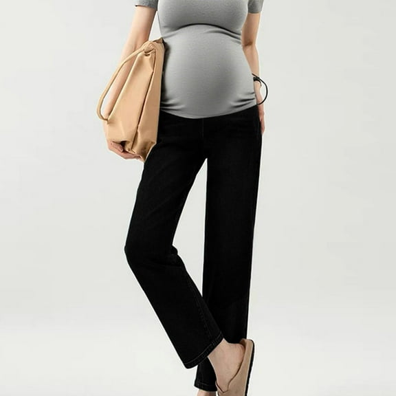Eltusu Women Maternity Jeans, Comfort Elastic Waist Straight Leg Stretchy Pregnancy Denim Pants Black Size M-2XL