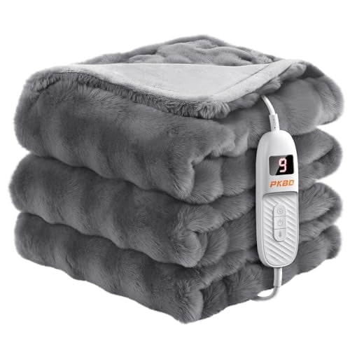 Alupssuc Electric Heated Throw Blanket, Faux Rabbit Fur Heated Blanket with 9 Heating Settings and Up to 9H Auto Off Timer, LED Display, 50 x 60 Inch