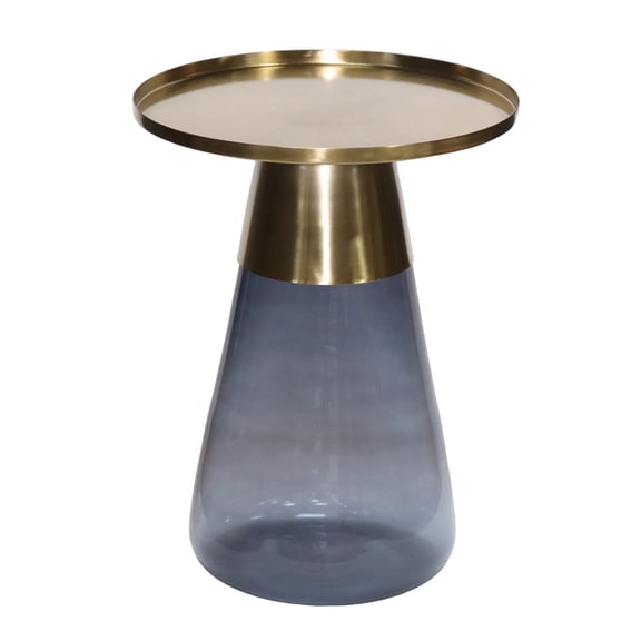 Palio Plant Stand Table, Round Gold Metal Top, Blue Glass Tapered Base