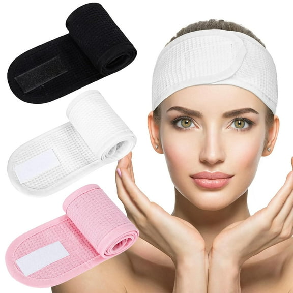Minzimin 3Pcs Spa Facial Headband White Black Grey Head Wrap Terry Cloth Waffle Adjustable Makeup Headband for Bath Sports Washing Face Shower