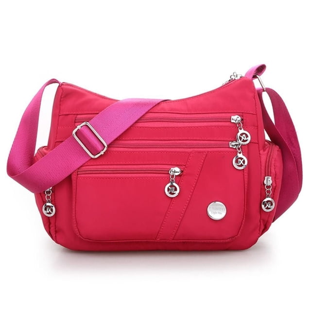Bolso bandolera multibolsillos para mujer, de nailon impermeable, de un solo hombro, de viaje, color rosa y rojo.