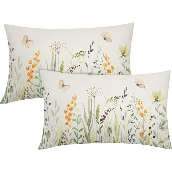 Spring Summer Floral Lumbar Pillow Covers 12X20 Inch Yellow Wild Flowers Green Leaves Butterfly Decorative Pillow Cases Set of 2 Throw Pillows Farmhouse Home Decor For Sofa Couch Cushion Outdoor