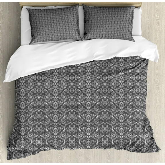 Abstract Duvet Cover Set King Size, Vintage Inspired Outline Simplistic Floral Motif Greyscale Repetition, Decorative 3 Piece Bedding Set with 2 Pillow Shams, Grey and White, by Ambesonne
