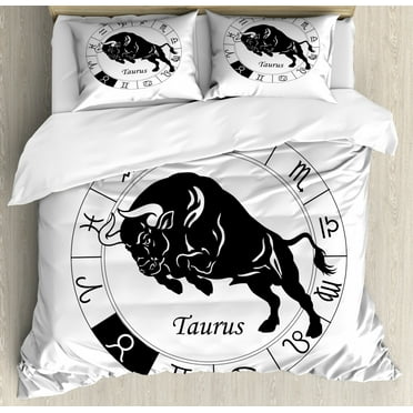 Zodiac Taurus Queen Size Duvet Cover Set, Mythological Ox Jumping Silhouette in a Zodiac Wheel with Twelve Signs, Decorative 3 Piece Bedding Set with 2 Pillow Shams, Black and White, by Ambesonne