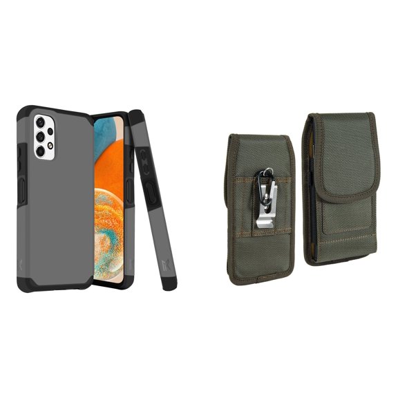 MK Armor Case for Samsung Galaxy A23 5G and Belt Holster Pouch (Gray/Green)
