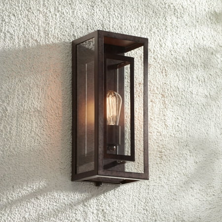 

Possini Euro Design Modern Industrial Farmhouse Rustic Outdoor Wall Light Fixture Bronze 15 1/2 Clear Glass for Exterior Barn Deck House Porch Yard