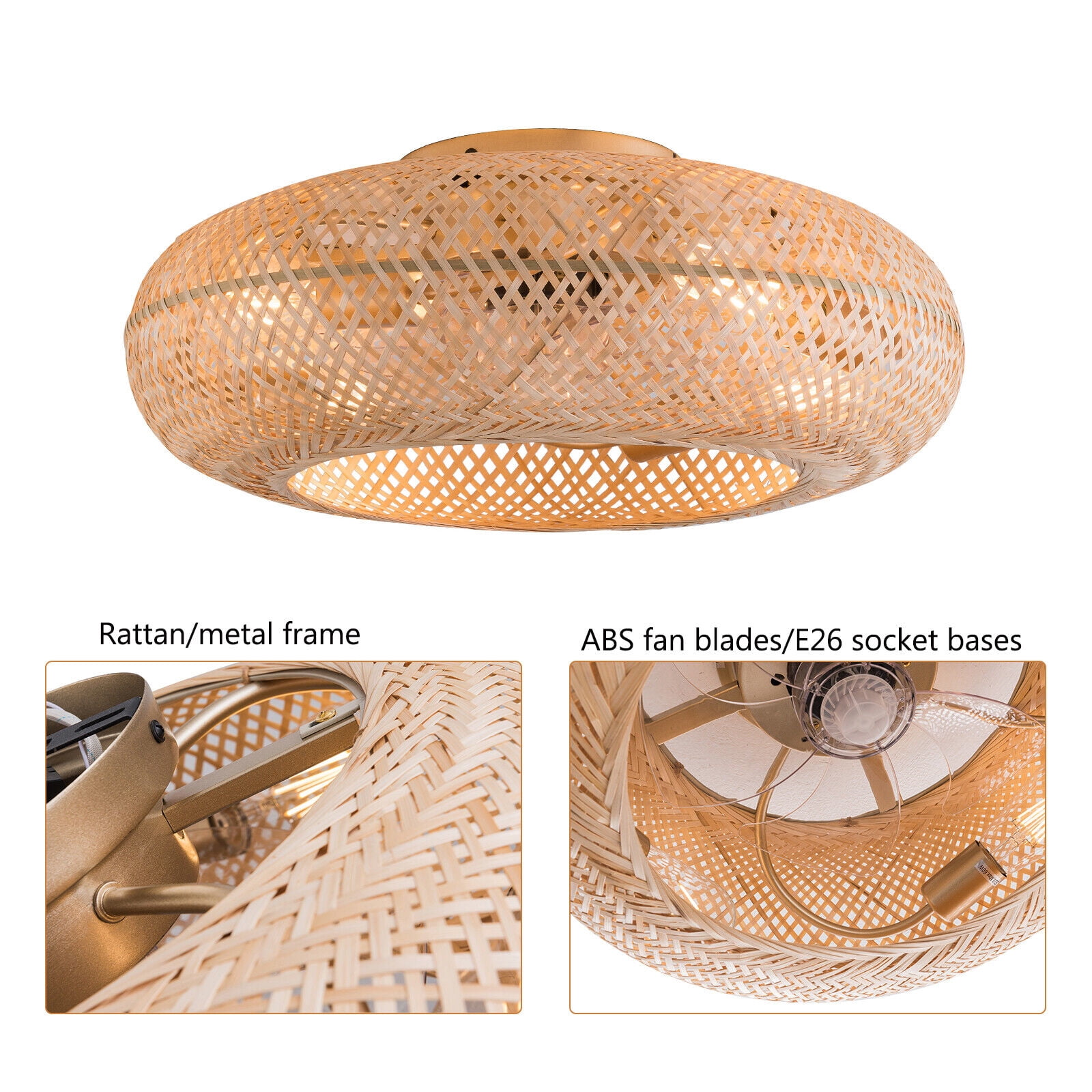 Miumaeov Wicker Rattan Ceiling Lamp Farmhouse Ceiling Fan Light Fixture Vintage Woven Rattan Caged Chandelier with Remote Control Low Profile 6 Speed for Bar Hotel Kitchen Island Bedroom