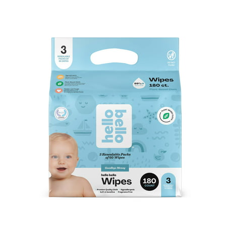 Hello Bello Baby Wipes, 180 Unscented Plant-Based Wipes, 3 Pouch Pack (Choose Your Count)