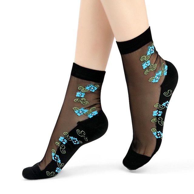 Medias de cristal con flores tejidas a la moda, medias de cristal con parte inferior de algodón con flores simples, calcetines de mujer de tubo invisibles ultrafinos