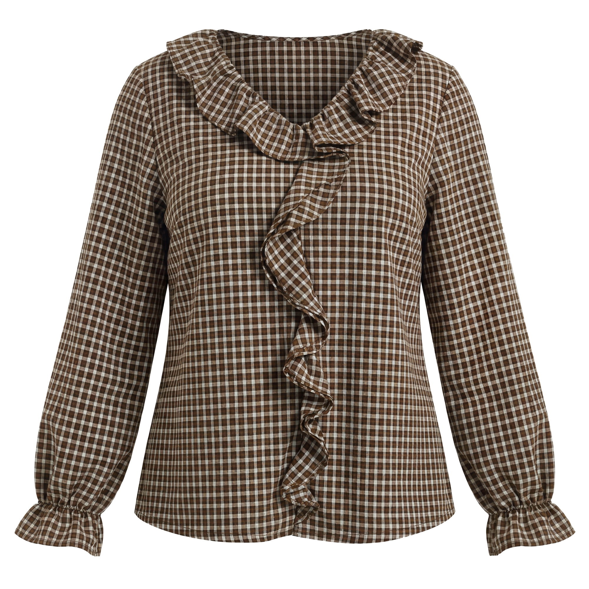 DARING DIVA Women's Plus Plaid Ruffle V Neck Lantern Tops 1X Brown