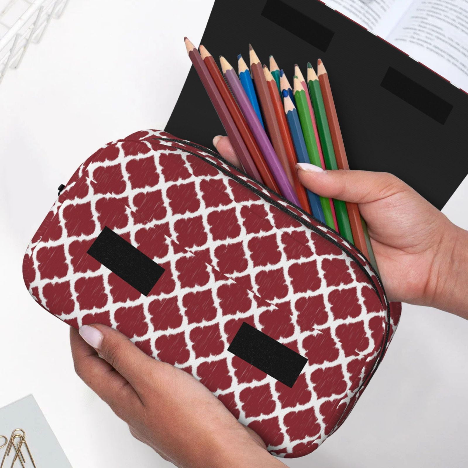 Rateoe Red Moroccan Pattern Double Clamshell Pen Case, Storage Organizer with Two Zipper Compartments– Holds Up to 50 Pencils & Pens