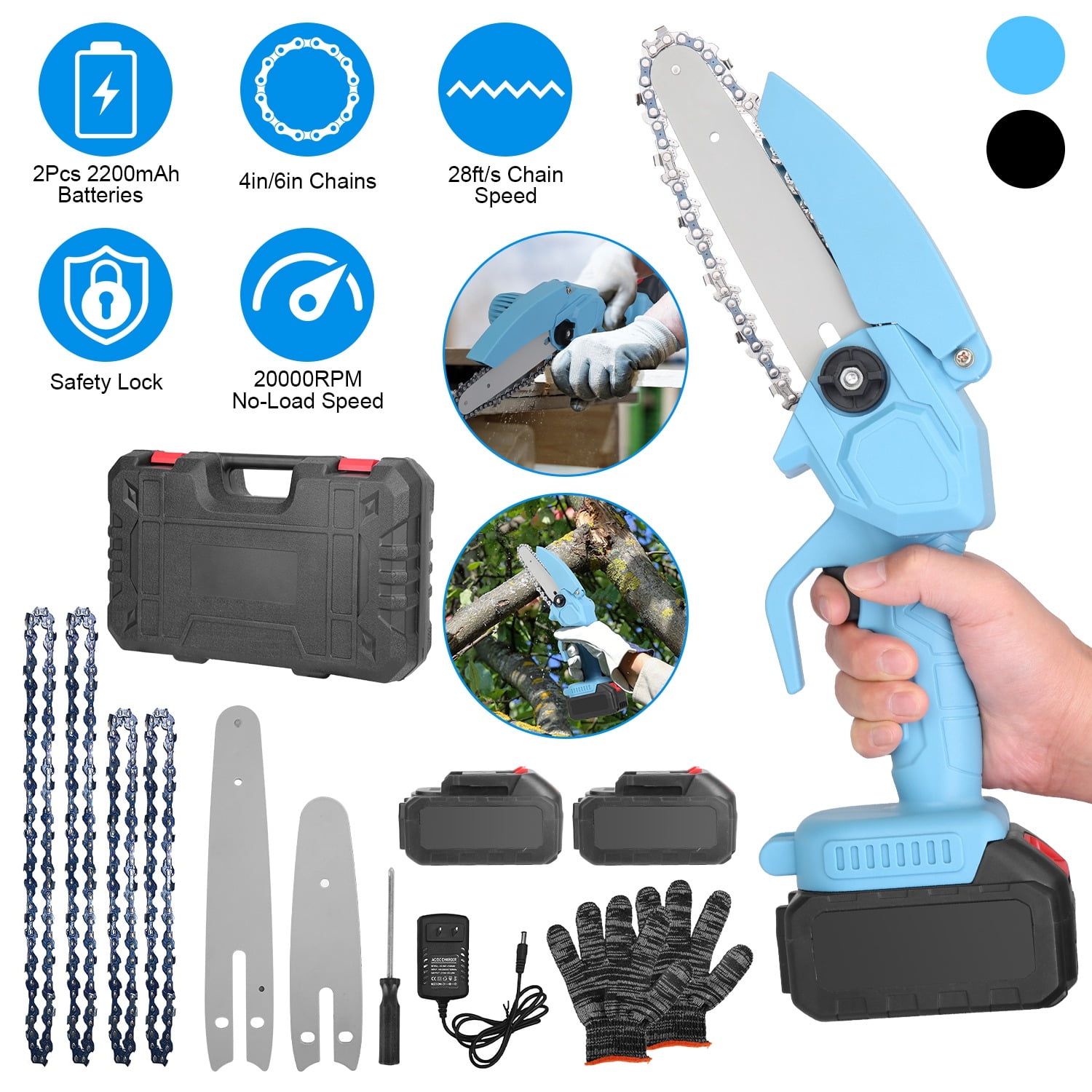 Mini Cordless Electric Chainsaw 4In And 6In Dual Blade Handheld Rechargeable 20000RPM Pure Copper Motor 2200mAh Battery Powered Wood Tree Branches Firewood Cutting Garden Tool Sets Portable Outdoor