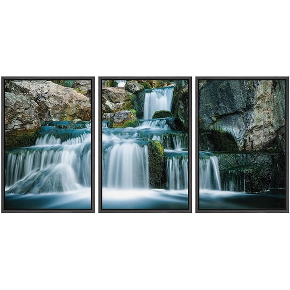 wall26 3 Panel Framed Canvas Wall Art - Landscape Cascading Waterfall in Rocky Mountain - Giclee Print Gallery Wrap Modern Home Art Ready to Hang - 16"x24"x3 Black