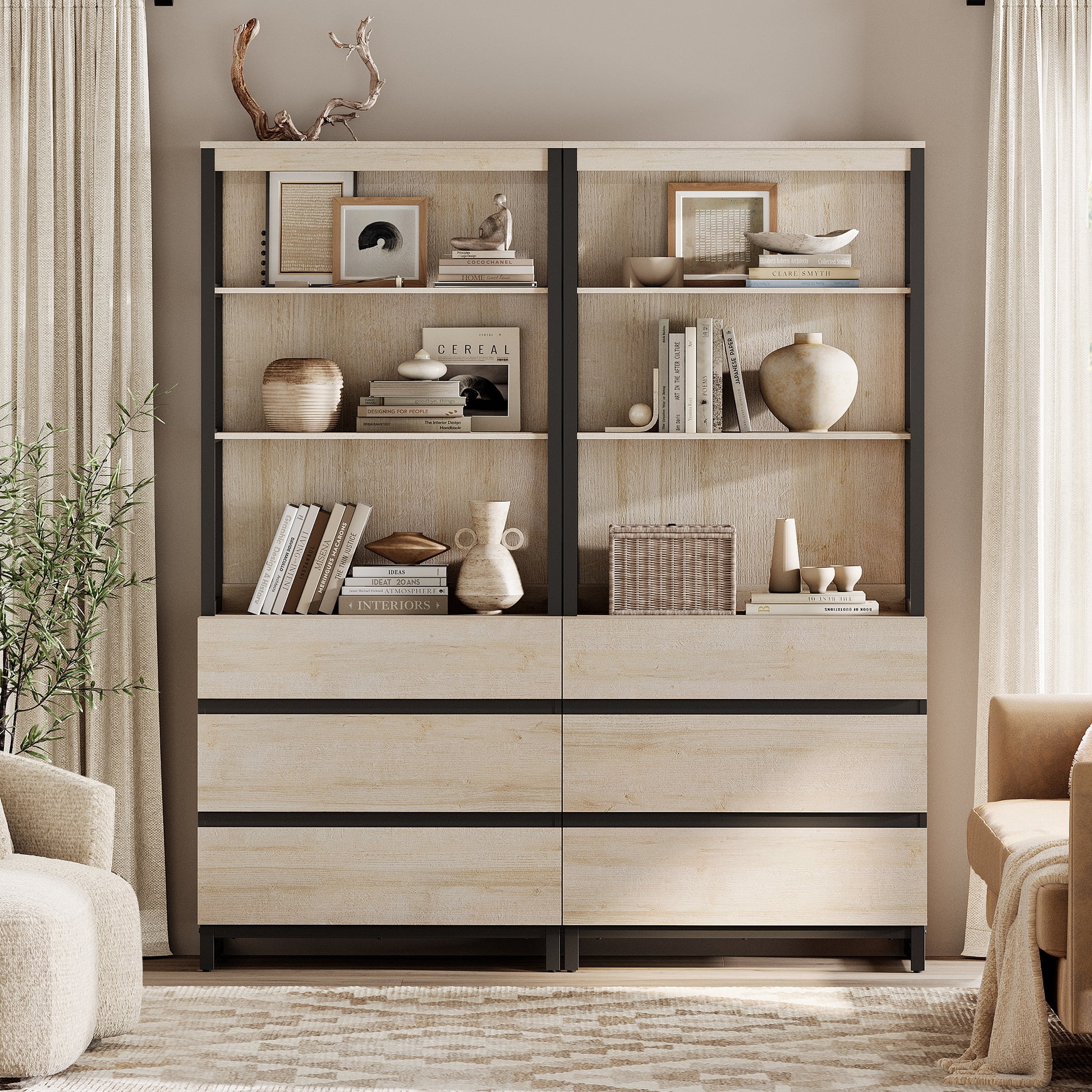 WAMPAT 2-Piece Modern 72" Tall Freestanding Bookcase，6 Drawers, Open Shelves & Storage Cabinet with Metal Base，Wood Library Bookshelf for Home Office & Living Room