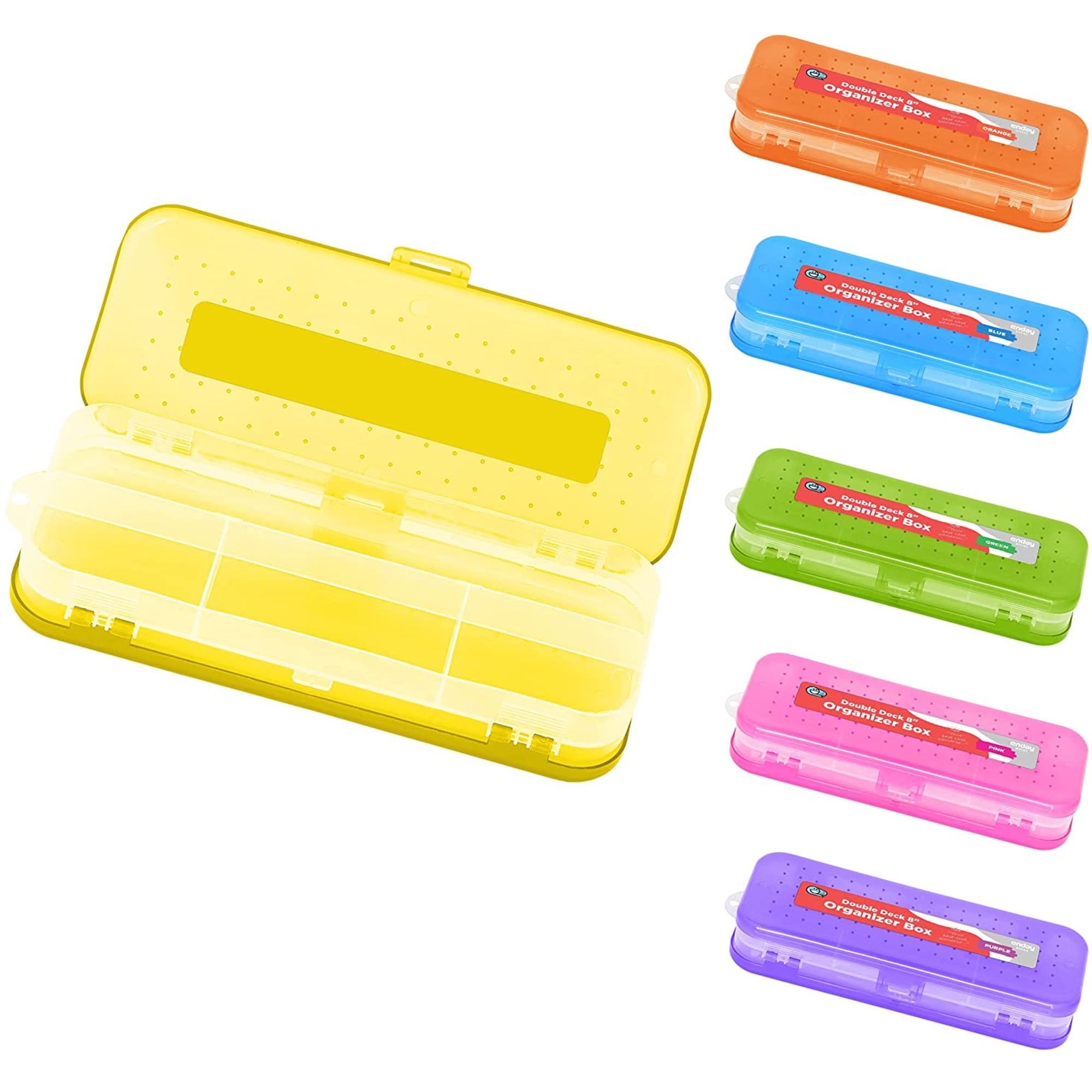 Enday Pencil Case Box School Supplies Storage Organizer Double Deck 7 Compartments Yellow 8'