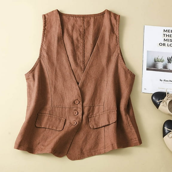 BAODANN Retro Linen Vest Summer V Neck Casual Sleeveless Vest Linen Outerwear Vest Jacket Nylon Tops Women Dressy Top Women Athletic Top Women Shirt with Strings Athletic Tops for Women Loose