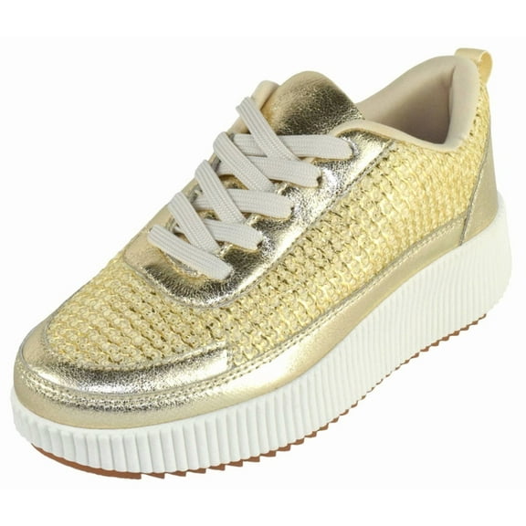 La Sheelah Women Knitted Low Top Patchwork Fashion Sneaker Casual Lace-Up Comfort Walking Shoes Lightweight Platform Sole Trendy Woven Design TIMELESS-12 Metallic Gold 8