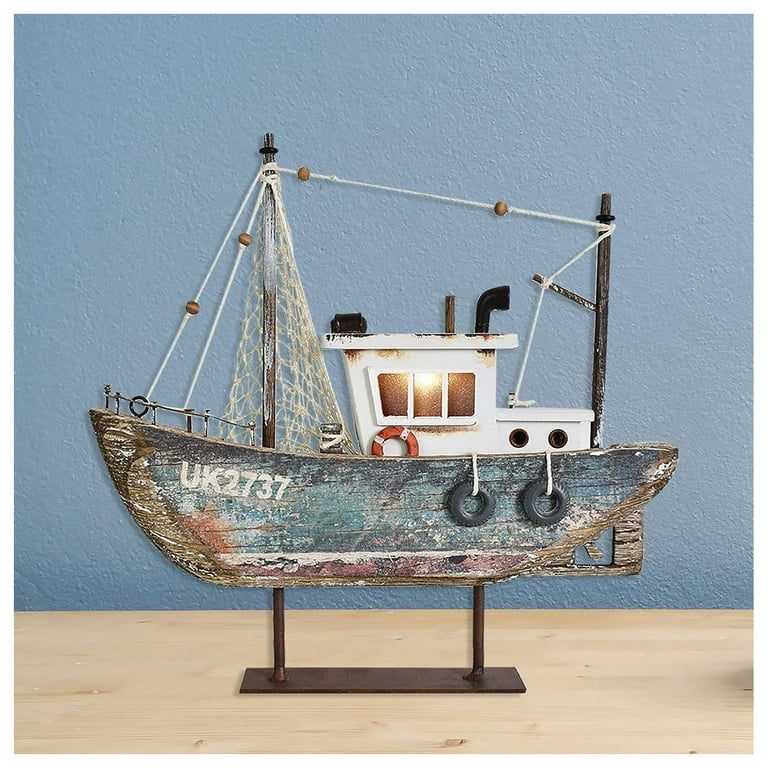 Wood Sailboat Nautical Decor with LED Light - Decorative Sailing Boat Model Beach Themed Ship Table Centerpiece Rustic Distressed Ocean Decoration