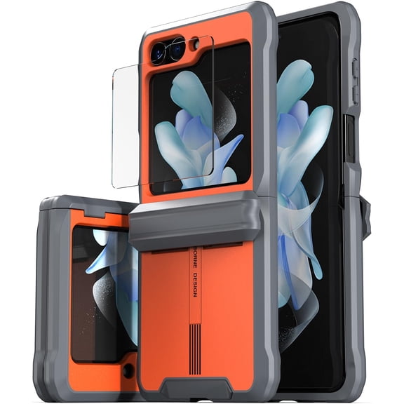 CaseBorne V Compatible with Samsung Galaxy Z Flip 5 Case - Rugged Protective Case with Semi-Auto Hinge Cover and Tempered Glass Screen Protector, Made of 100% Recycled Materials - Orange