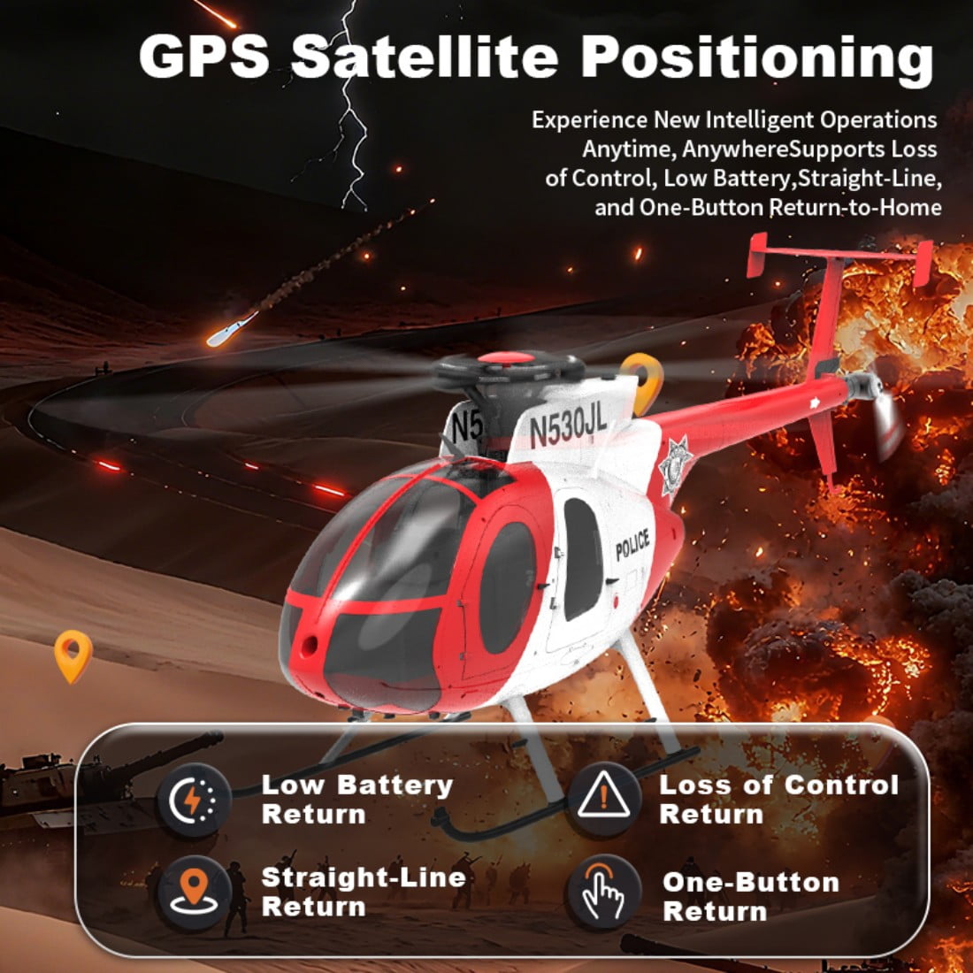 1/16 F119S MD500 Little Bird RC Helicopter for Adults, 2.4G 9CH Flybarless Military Remote Control Helicopter Model, 6G/3D GPS Smart RC Airplane with Optical Flow Positioning & Dual Brushless Motors