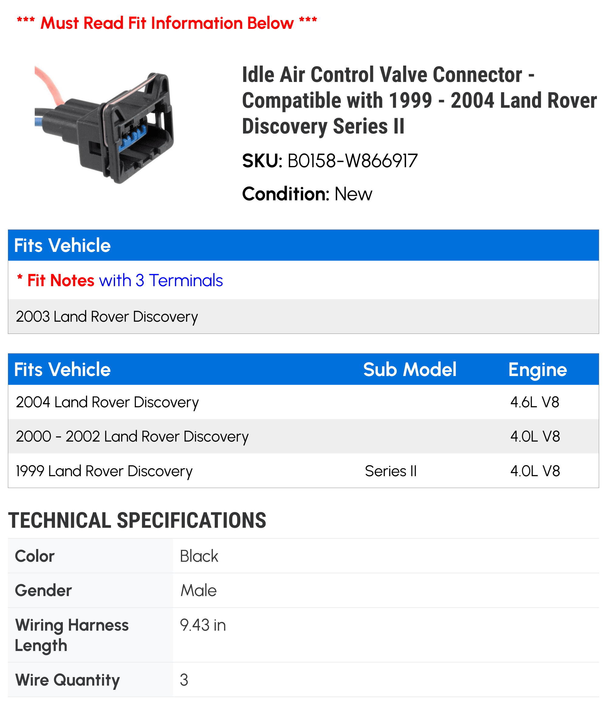 Idle Air Control Valve Connector - Compatible with 1999 - 2004 Land Rover Discovery Series II 2000 2001 2002 2003