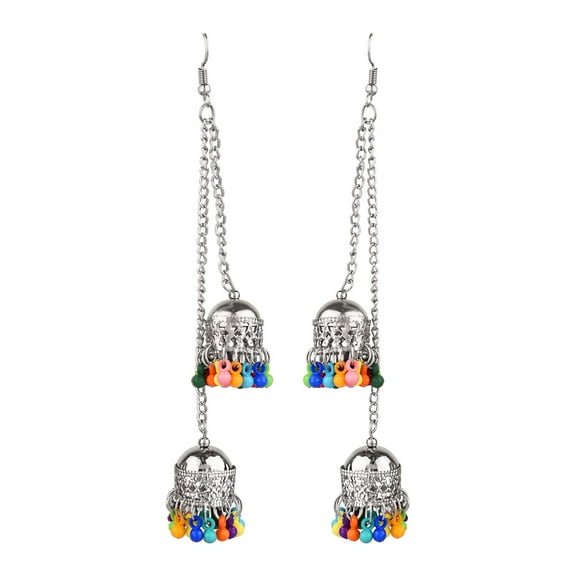 Efulgenz Boho Vintage Antique Tribal Indian Oxidized Silver Jhumka Tassel Dangle Statement Earrings Jewelry (Style 5)