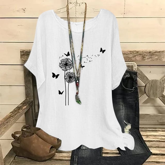Fiudx Ofertas Flash Del Día Solo En Línea Blusas Superiores de Manga Corta con Cuello Redondo y Estampado I de Algodón y Lino para Mujer a La Moda