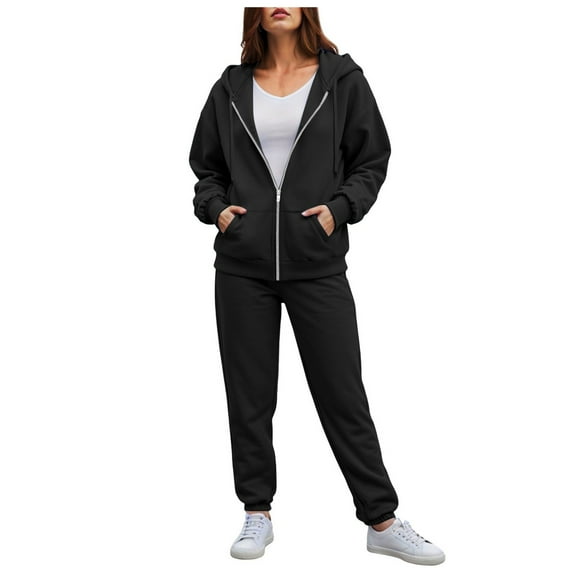 felwors Women's Zip - Up Hoodie Tracksuit Set Long Sleeve Hooded Jacket with Jogger Pants for Casual & Active Wear Black, S