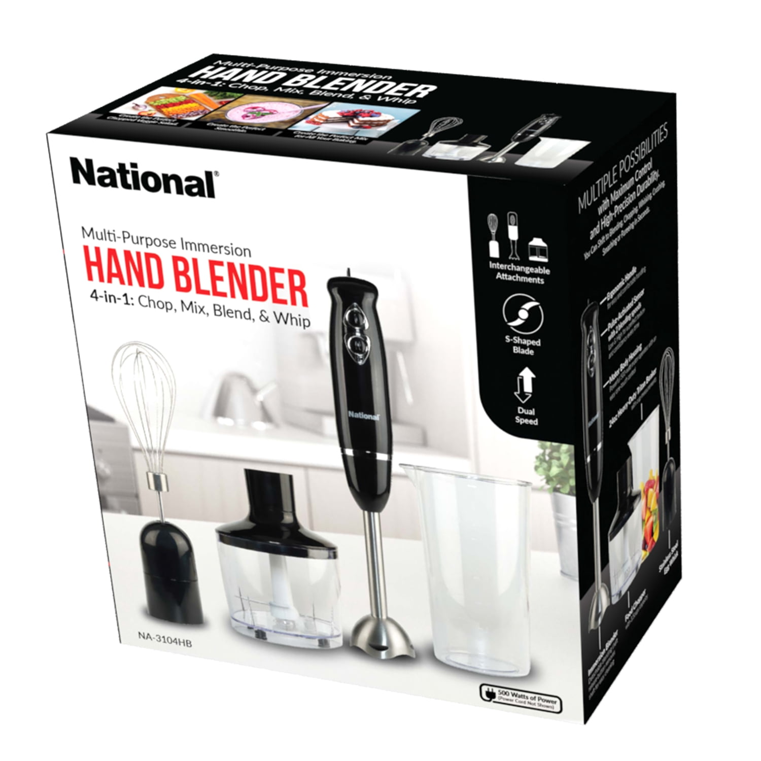 National 500-Watt Multi-Purpose 4-in-1 Immersion Blender with Attachments, Black