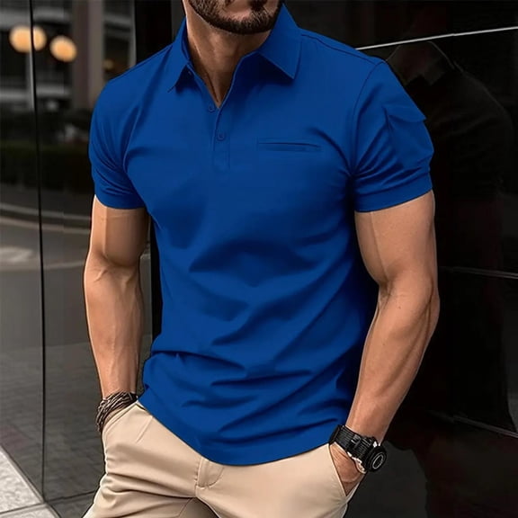 HOWPAY Men's Polo Shirts Short Sleeve Casual Stretch Solid Color Classic Button Tops Summer Lightweight Workout Collared Golf Shirts Blue L