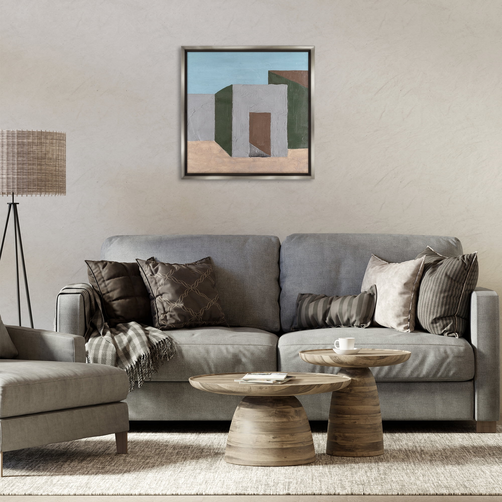 Stupell Industries Geometric Desert House Buildings & Architecture Painting Gray Floater Framed Canvas Art Print Wall Art, 25 x 25