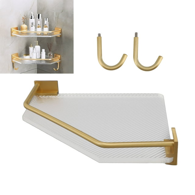 Gold Floating Shelf, Acrylic Wall Mounted, Corner Shelf Triangle Design, Easy Install, Bathroom Kitchen Storage. Stable Support for Daily Necessities