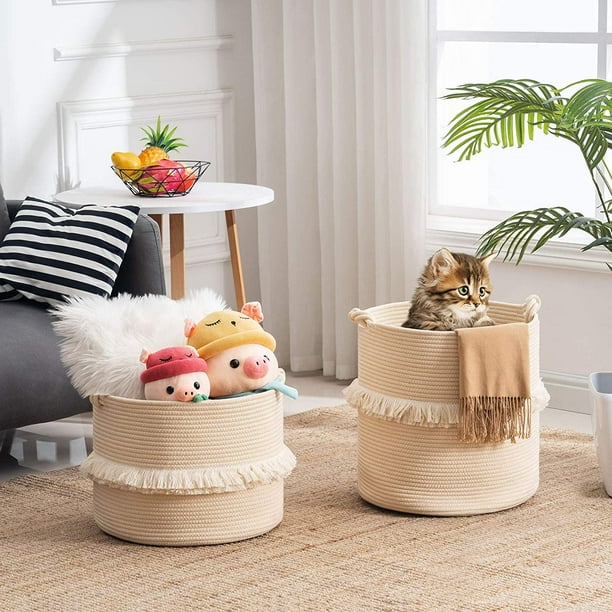 FFIY Large Woven Rope Storage Basket Baby Nursery Hamper for Toy Clothes Beige Decorative Blanket Basket with Cute Knot Handles Tassel Boho Laundry Hamper for Living Room 15.7 inchx16.9 inch Walmart.c...